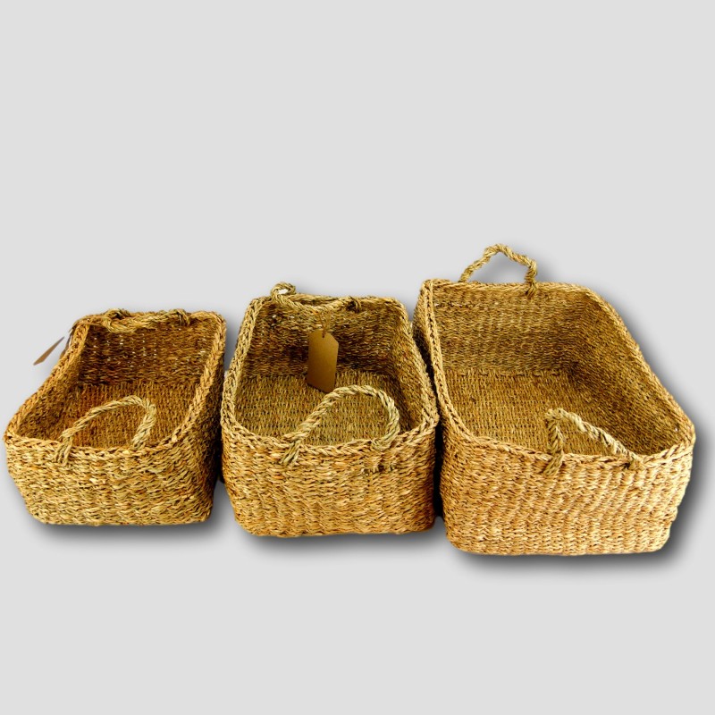 Vegan Friendly Rectangle Seagrass Basket with Handles Set of 3