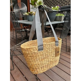 Water Hyacinth Large Oval Basket with Platinum Canvas Handles