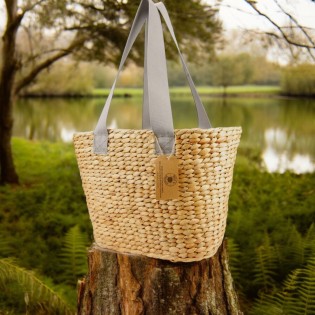 Water Hyacinth Large Oval Basket with Platinum Canvas Handles