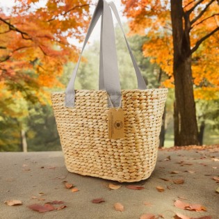 Water Hyacinth Large Oval Basket with Platinum Canvas Handles