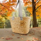 Water Hyacinth Large Oval Basket with Platinum Canvas Handles
