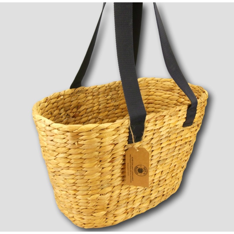 Water Hyacinth Large Oval Basket with Navy Canvas Handles