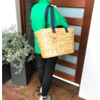 Water Hyacinth Large Oval Basket with Navy Canvas Handles