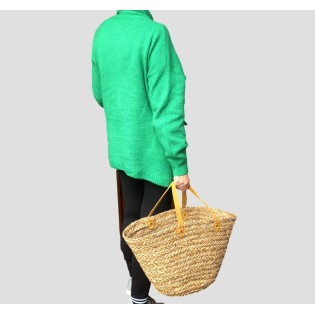 Large Flat Seagrass Basket with Short Leather Handles