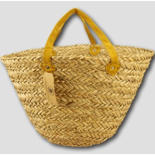 Large Flat Seagrass Basket with Short Leather Handles