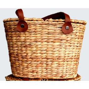 OUT OF STOCK Water Hyacinth Picnic Basket with Vegan Leather Handles 